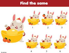 Children Educational Game. Find Two Same Pictures Of Chinese New Year Rabbit Animal
