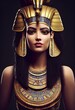 A fictional person, not based on a real person. A beautiful young Egyptian pharaoh with beautiful hair, a golden crown, wearing elegant clothes and jewelry. 3D render.