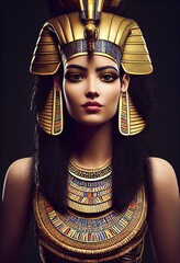 Wall Mural - A fictional person, not based on a real person. A beautiful young Egyptian pharaoh with beautiful hair, a golden crown, wearing elegant clothes and jewelry. 3D render.