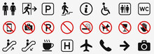 Public Signs Wc, Escalator, Exit, Staircase, No Animals, No Camera, No Smoking, Parking...set. Vector Illustration