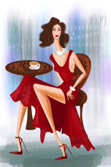 Wall Mural - Fashion illustration of beautiful woman in red dress