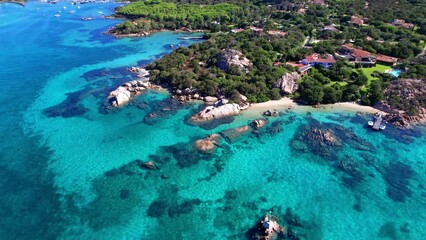 Sticker - Sardegna island best beaches in Costa Smeralda, aerial drone video of  Elefant beach with turquoise sea and rock formations . Italy summer holidays