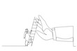 Illustration of ambitious arab businessman about to climb up ladder to overcome giant hand stopping him. Metaphor for overcome business obstacle, barrier or difficulty. One line art style