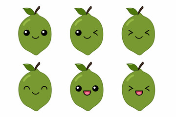 Wall Mural - Vector illustration of cute lime cartoon character isolated on white background. Fruit cartoon set with kawaii smiling emoji.