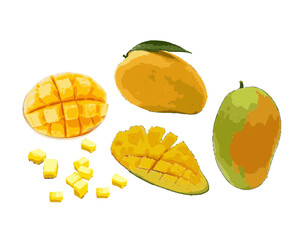 Wall Mural - Set of vector illustrations of whole, sliced, peeled mango fruit isolated on white background.