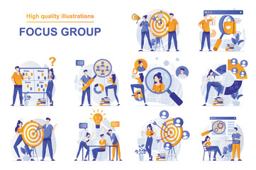 Wall Mural - focus group web concept with people scenes set in flat style. bundle of market research of audience,