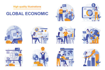 Wall Mural - Global economic web concept with people scenes set in flat style. Bundle of world markets research, financial statistics, developing international business. Vector illustration with character design