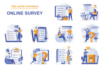 Fototapete - Online survey web concept with people scenes set in flat style. Bundle of online testing, examination in mobile app, answering in digital form, feedback. Vector illustration with character design