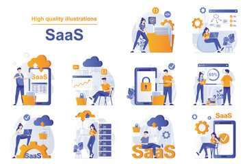 Wall Mural - SaaS web concept with people scenes set in flat style. Bundle of using programs with subscription, cloud processing, cloud storage, software as a service. Vector illustration with character design