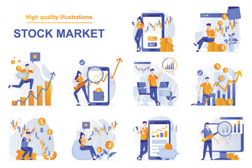 Wall Mural - Stock market web concept with people scenes set in flat style. Bundle of analyzing market data, stock trading, buying and selling bonds, financial investment. Vector illustration with character design