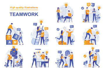 Teamwork web concept with people scenes set in flat style. Bundle of colleagues work together, collaboration, cooperation, business community, partnership. Vector illustration with character design