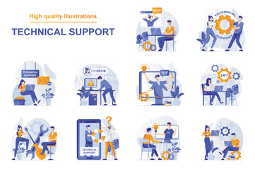 Leinwandbilder - Technical support web concept with people scenes set in flat style. Bundle of customer service, solving tech problems via online chat and calling, feedback. Vector illustration with character design