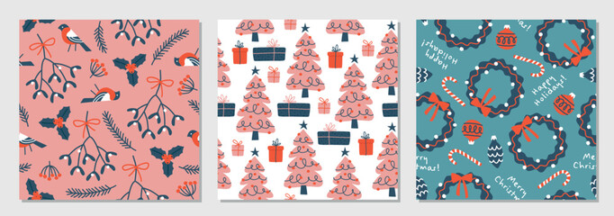 Wall Mural - Three seamless patterns with Christmas tree and gift boxes, wreath and toys, floral design elements.