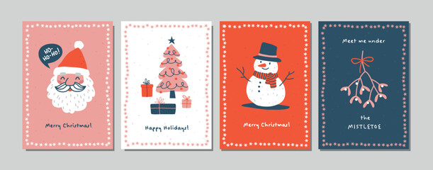 Wall Mural - Four Christmas cards set with Santa, snowman, Christmas tree and mistletoe branch.