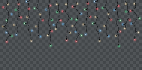 Wall Mural - vector decorative horizontal border with hanging christmas light chains on dark background