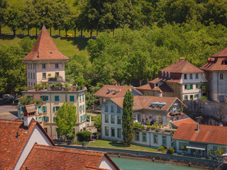 Wall Mural - travel to Bern, Switzerland in summer. View of the river Aare. The old part of Bern is recognized as a UNESCO World Heritage Site