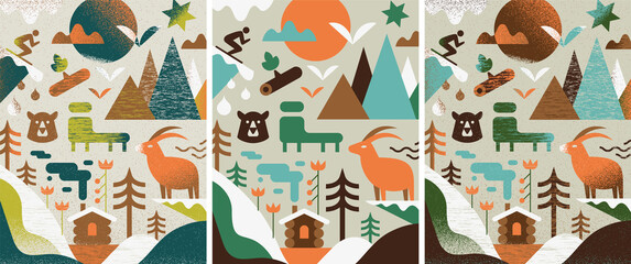 Vacation in the mountains. Ski station. Vector illustrations of a winter landscape.