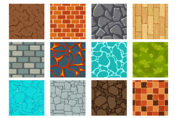Wall Mural - Game ground seamless pattern set, cartoon land top view texture, stone rock background