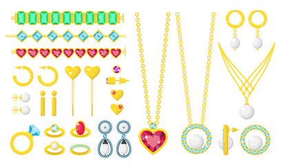 Sticker - Jewelry set. Golden beads, necklace, ring and chain with gemstone. Fashion earrings and bracelets