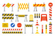 Road repair barriers set. Safety barricade warning at stops and streets symbol safe reconstruction