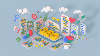 Digital marketing and SEO isometric design 3D render illustration