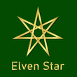 Elven star icon. Magician star symbol in gradient gold color. Star seven pointed isolated on green background. Heptagram symbol. Pagan template for poster, banner, postcard. Vector illustration