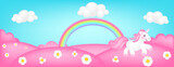 Meadow panorama vector illustration. Bright landscape of pink valley kids background. Colorful cute scene with fantasy candy trees, flowers, blue sky, rainbow, unicorn clouds for children sites.