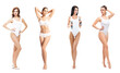 © Acronym - Young, fit, happy and beautiful blond woman in white swimsuit isolated on white background - set collection. Healthcare, diet, sport and fitness.