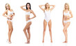 © Acronym - Young, fit, happy and beautiful blond woman in white swimsuit isolated on white background - set collection. Healthcare, diet, sport and fitness.