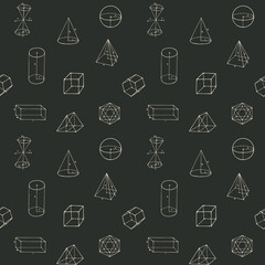 Hand-drawn seamless pattern with geometrical figures. Black and white vector background with mathematical sketches. Wallpaper, wrapping paper or fabric design. Drawing chalk on the school blackboard