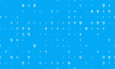  Seamless background pattern of evenly spaced white number nine symbols of different sizes and opacity. Vector illustration on light blue background with stars