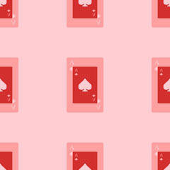 Seamless pattern of large isolated red ace of spades cards. The elements are evenly spaced. Vector illustration on light red background