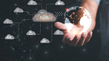 Wall Mural - human hand holding icon, digital network database technology concept, internet data connection, clou