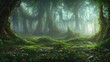 © Mars0hod - Fantasy fairy-tale magical forest, sunny evening light through the branches of trees. Magical trees in a wooded area. Haze at sunset, plants, moss and grass in the forest. 3d illustration