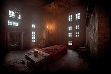 An Indoor Candlelit Scene Of A Transylvanian Vampire Dungeon With Writing Desk And Bed Of A Castle Room For Games Background. Chains Are Hanging From Candlesticks On Walls. 3D Illustration.