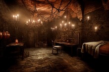 Dracula Castle Cell Interior With Chains By Candlesticks, Writing Desk And Bed. Horror Halloween Game Setting. A Transylvanian Vampire Dungeons Prisons For Games Background. 3D Illustration.