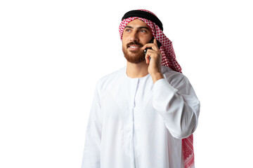 Sticker - Arab businessman talking on mobile phone isolated on white background