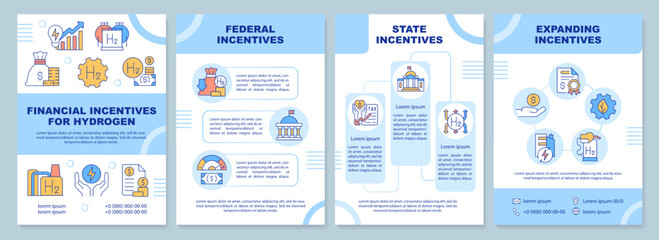 Hydrogen financial incentives brochure template. Green fuel. Leaflet design with linear icons. Editable 4 vector layouts for presentation, annual reports. Arial-Black, Myriad Pro-Regular fonts used