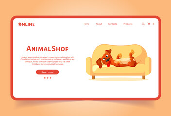 Pet shop landing page template. Online animal store. dog cat shop. Pets care. Screen for ui, web. Flat cartoon style.