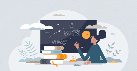 Wall Mural - math tutor as mathematics teacher for count learning tiny person concept. student knowledge developm