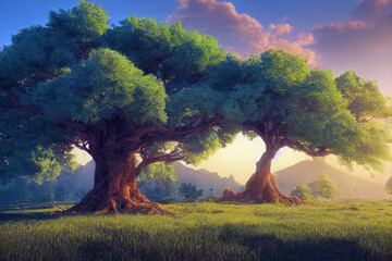 Fantasy a giant green tree, beautiful sky view, digital art painting. 3D illustration