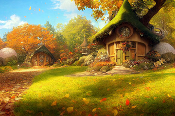 Fantasy fairy house on the autumn forest with blue sky. Digital painting artwork design. 3D illustration