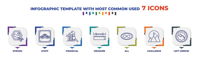 Sticker - infographic template with outline icons. thin line icons such as strong, staff, financial, measure, all, challenge, left arrow editable vector. can be used for web, mobile, info graph.