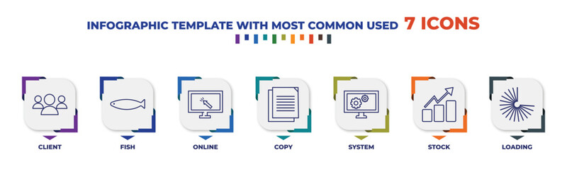 Sticker - infographic template with outline icons. thin line icons such as client, fish, online, copy, system, stock, loading editable vector. can be used for web, mobile, info graph.