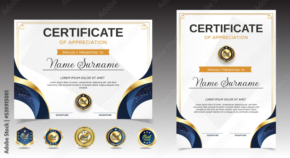 Modern blue and gold certificate of achievement template with badges ...