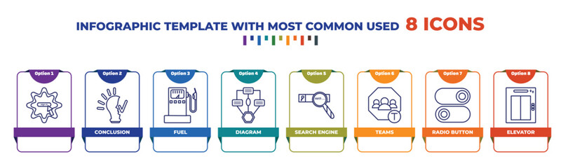 Wall Mural - infographic template with outline icons. thin line icons such as , conclusion, fuel, diagram, search engine, teams, radio button, elevator editable vector. can be used for web, mobile, info graph.