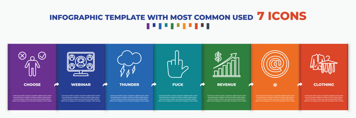 infographic template with outline icons. thin line icons such as choose, webinar, thunder, fuck, revenue, @, clothing editable vector. can be used for web, mobile, info graph.