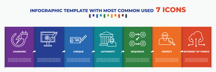 Wall Mural - infographic template with outline icons. thin line icons such as charging, , cheque, authority, sequence, inspect, internet of things editable vector. can be used for web, mobile, info graph.