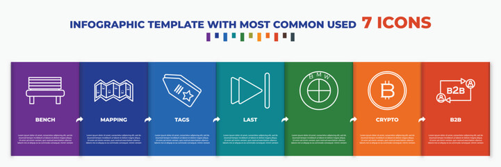 Sticker - infographic template with outline icons. thin line icons such as bench, mapping, tags, last, , crypto, b2b editable vector. can be used for web, mobile, info graph.