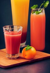 Wall Mural - Glass of fresh squizzed juice standing on the table with ripe fruits, oranges